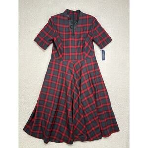 NWT Pendleton 100% Virgin Wool Dress Size 8 Tartan Plaid V-Neck Red Midi USA